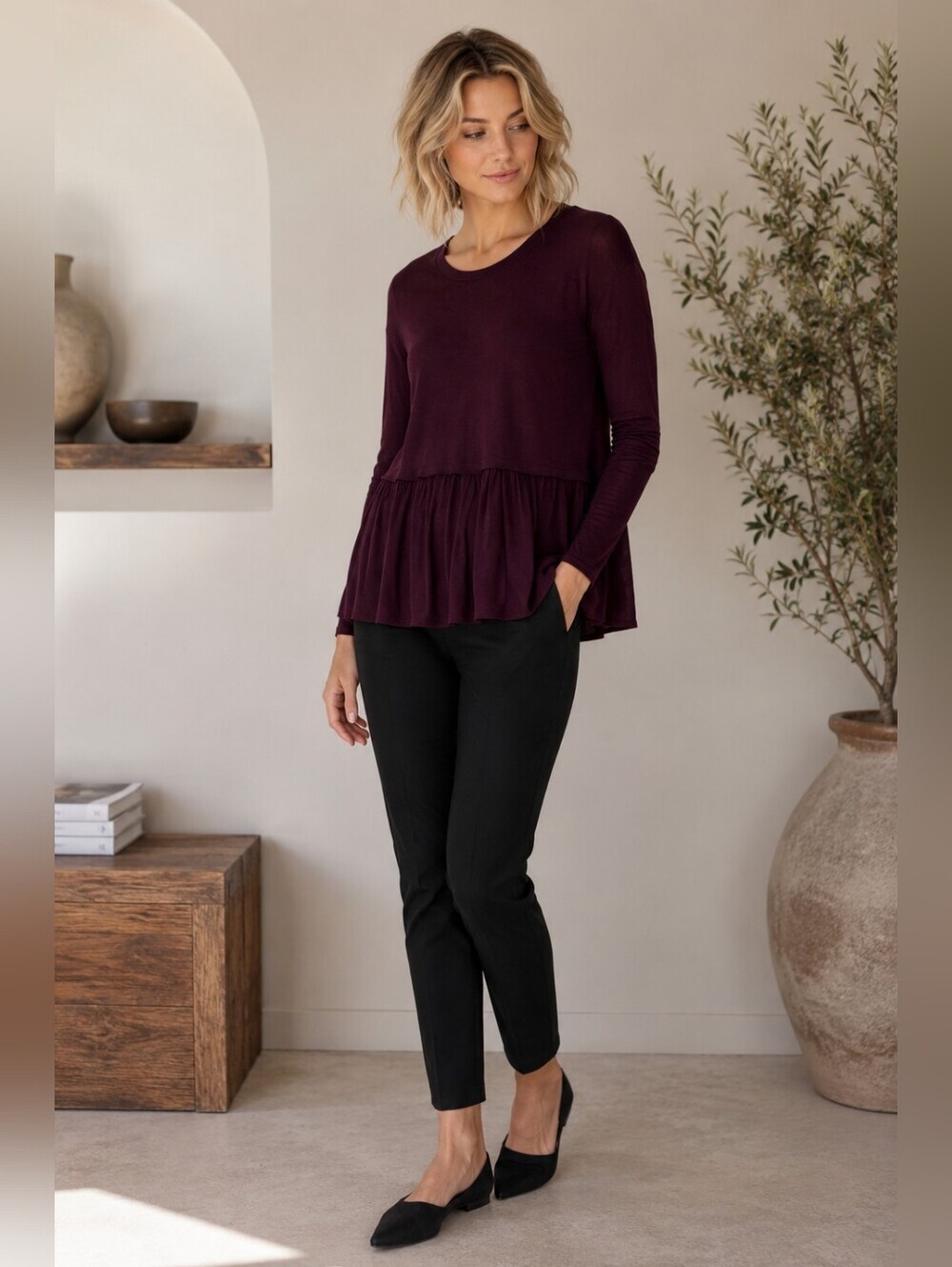 Aritzia Wilfred Burgundy Long Sleeve Peplum Top XS Romantic Minimalist